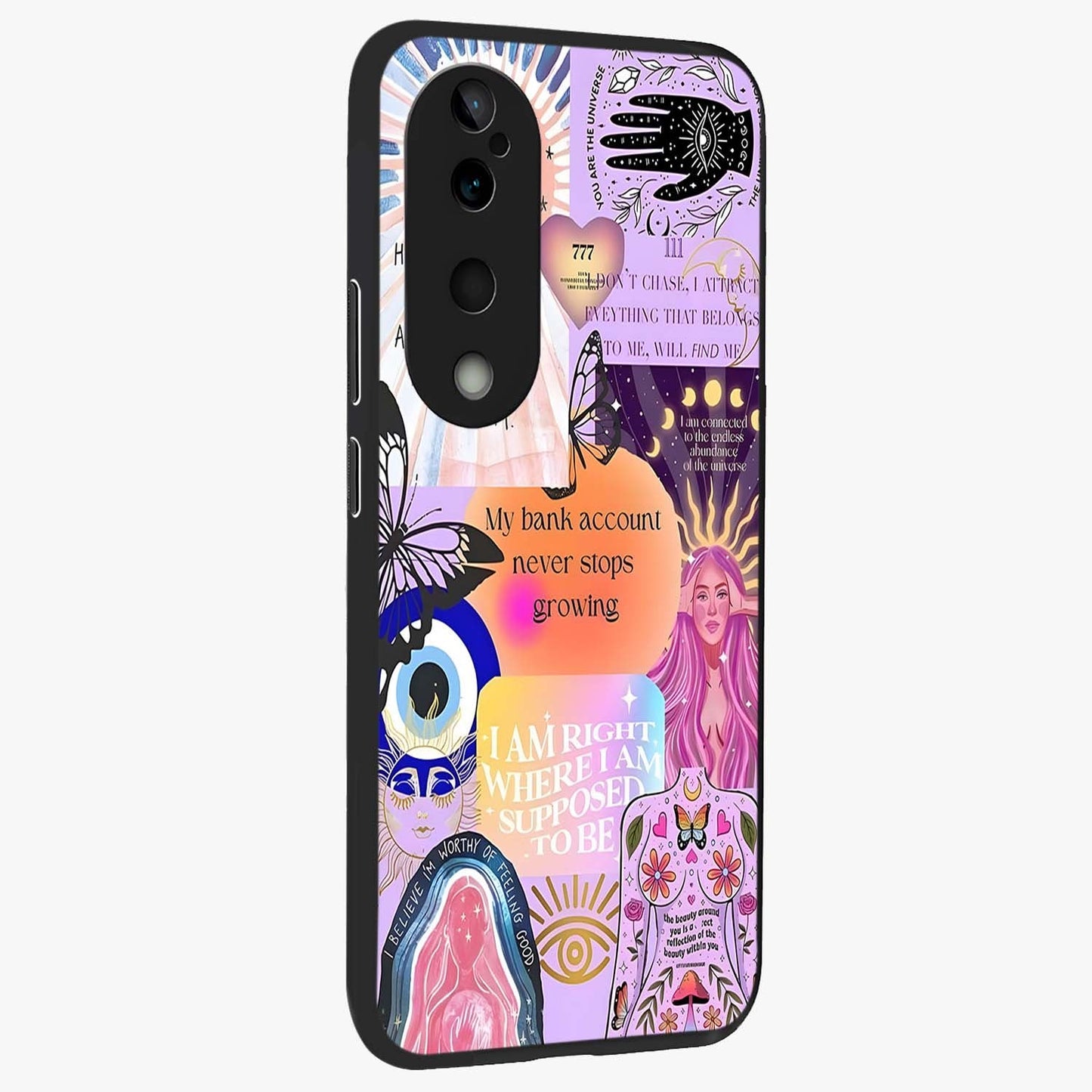 Manifestation Collage Glass Case upright view showcasing artistic manifestation themed artwork with creative style.