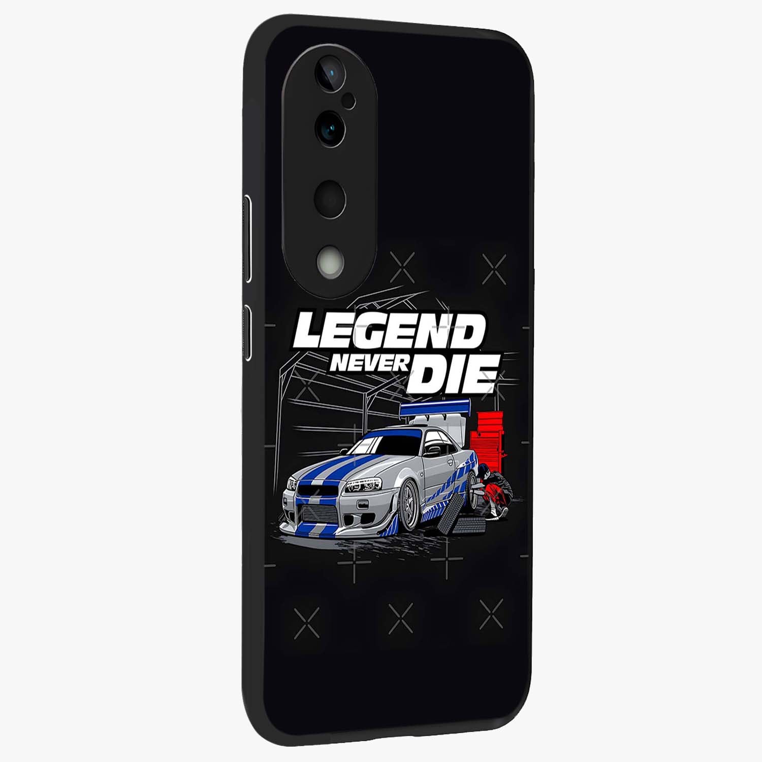 Midnight Racing Legacy Glass Case upright view showcasing powerful racing artwork with modern sports theme.