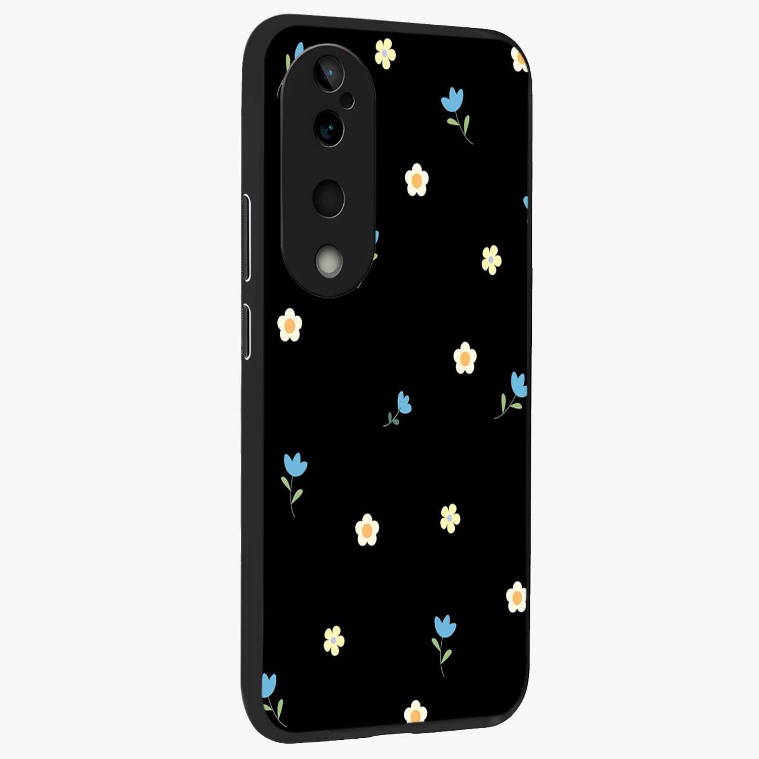 Minimal Petal Whispers Glass Case upright view showcasing elegant floral artwork with modern minimalist style.