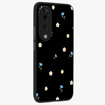 Minimal Petal Whispers Glass Case upright view showcasing elegant floral artwork with modern minimalist style.