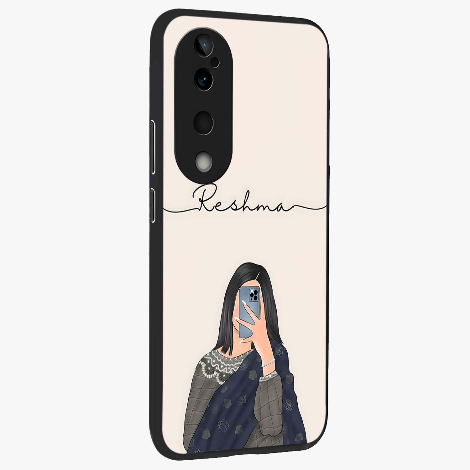 Mirror Mood Muse With Custom Name Glass Case upright view showcasing artistic mirror themed artwork with personalized aesthetic.