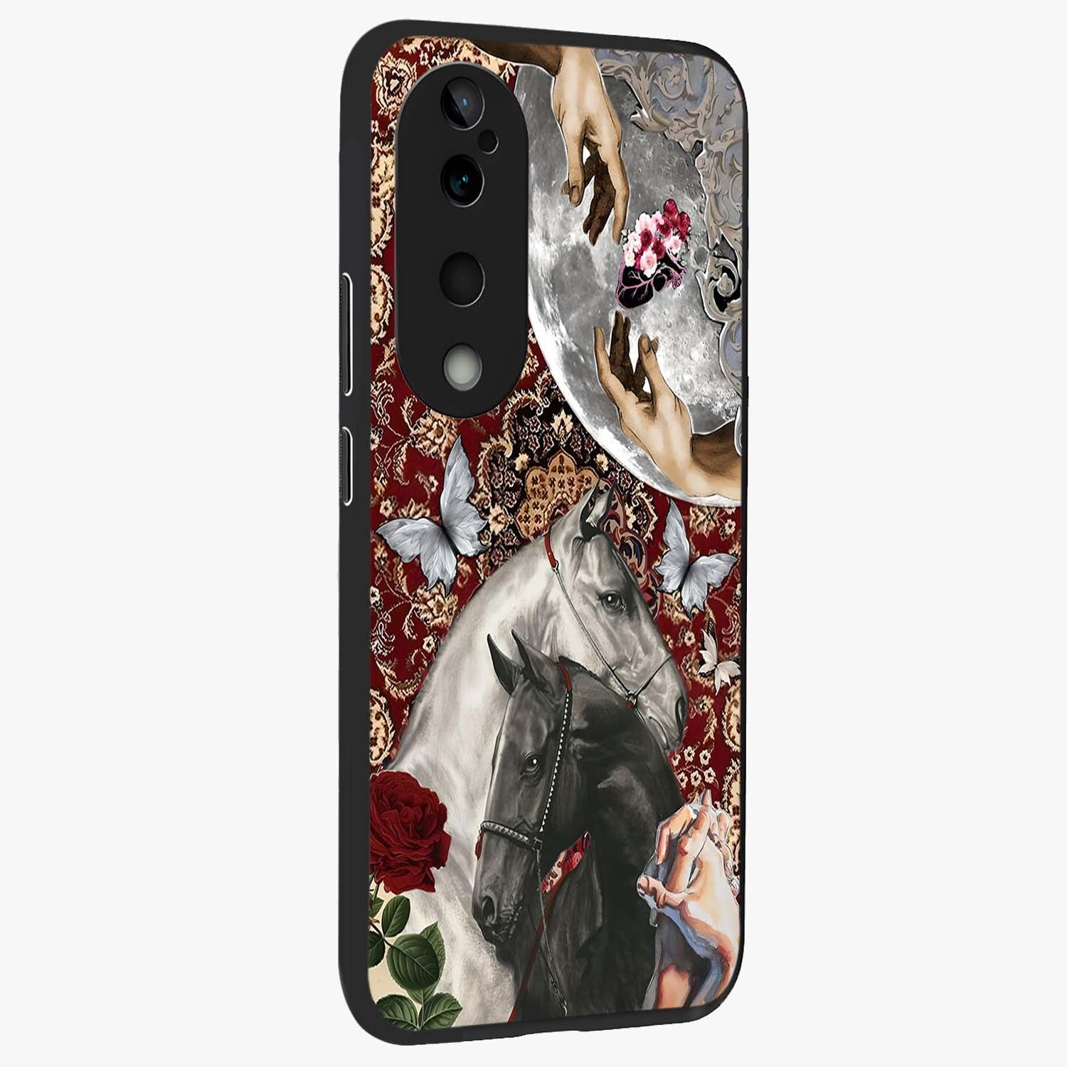 Moonlit Royal Stallion Glass Case upright view showcasing dramatic horse artwork with glowing moon themed design.