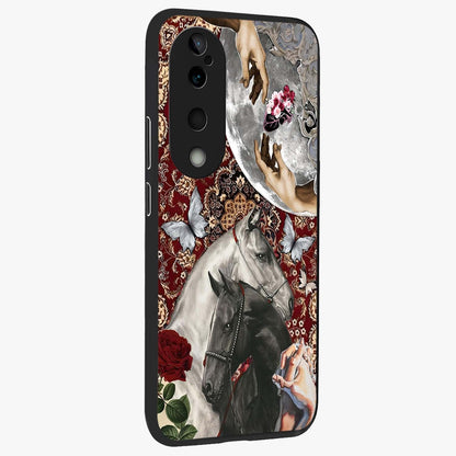 Moonlit Royal Stallion Glass Case upright view showcasing dramatic horse artwork with glowing moon themed design.