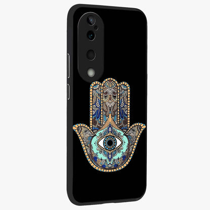 Mystic Hamsa Eye Glass Case upright view showcasing detailed hamsa eye artwork with protective spiritual theme.