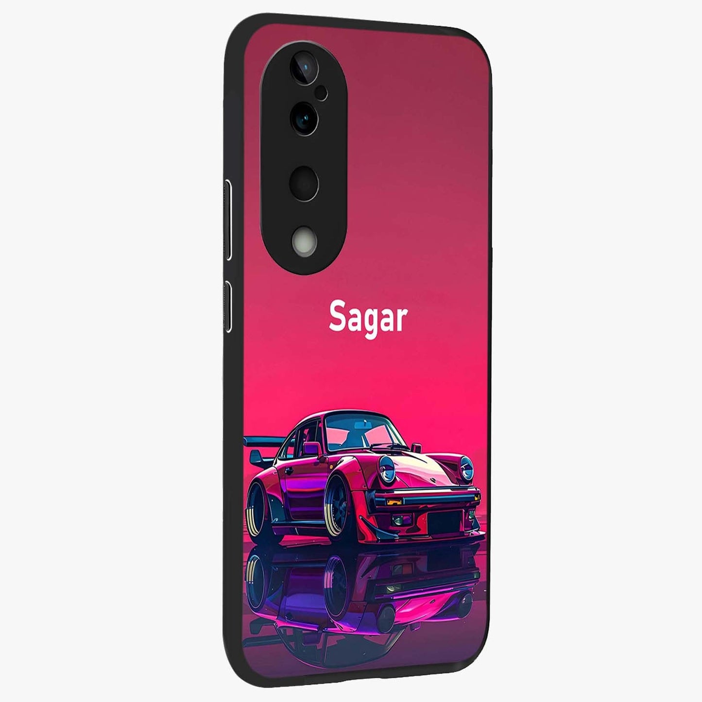 Neon Pink Porsche Glass Case upright view showcasing vibrant sports car artwork with bold automotive theme.