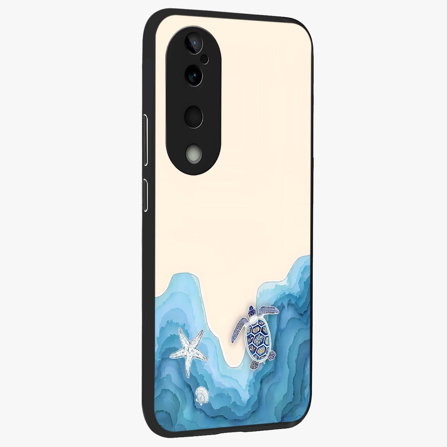 Ocean Drift Turtle Glass Case upright view showcasing calm underwater turtle artwork with nature inspired theme.
