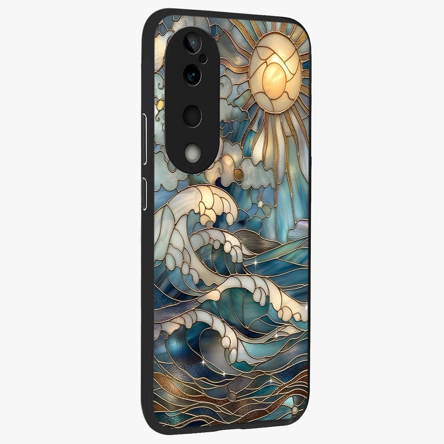 Oceanic Stained Printed Glass Case upright view showcasing decorative ocean pattern artwork with vibrant marine theme.