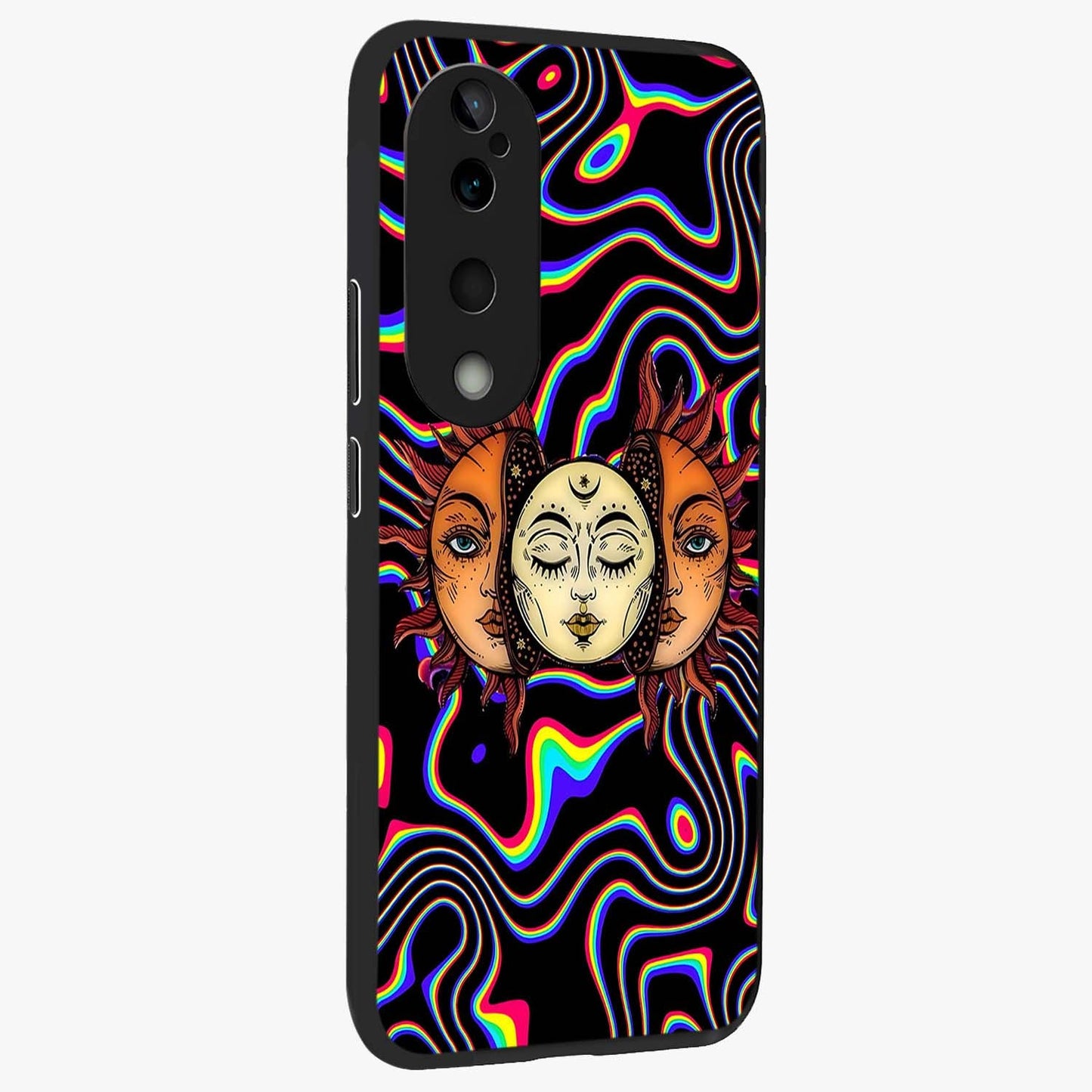 Psychedelic Sun Glass Case upright view showcasing trippy sun artwork with bold psychedelic theme.