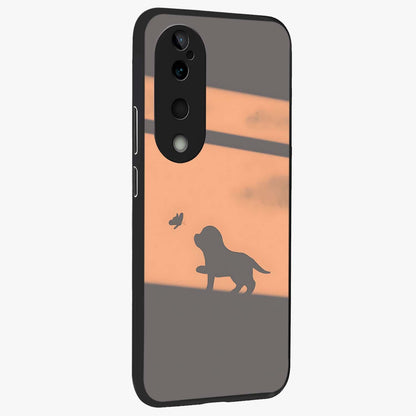 Puppy Shadow Art Glass Case upright view showcasing charming puppy artwork with creative silhouette theme.