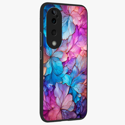 Radiant Floral Whirl Glass Case upright view showcasing lively floral artwork with decorative swirl theme.