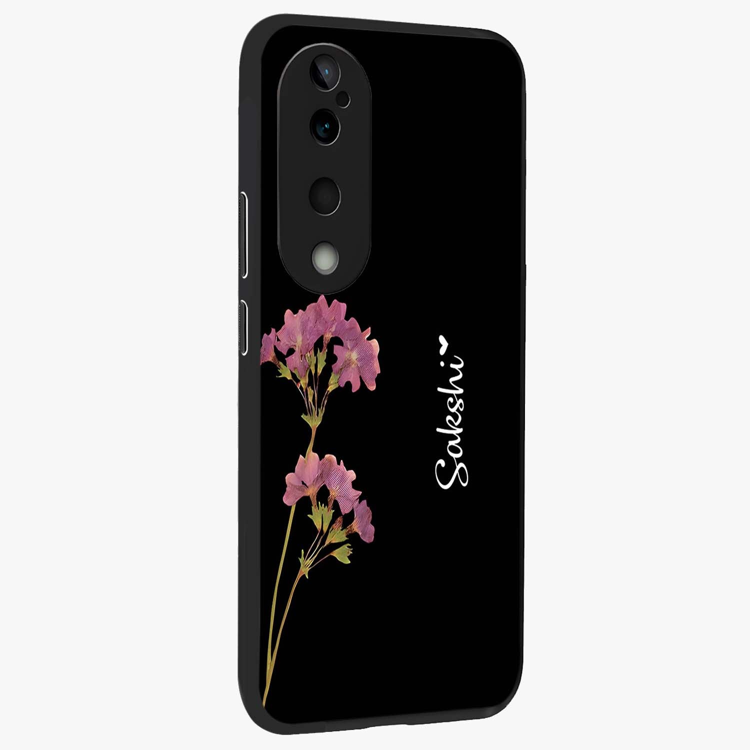 Riching Lavender Flower Custom Name Glass Case upright view showcasing elegant lavender floral artwork with personalized aesthetic.