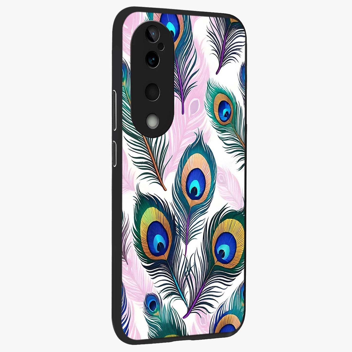 Royal Peacock Feathers Glass Case upright view showcasing elegant peacock feather artwork with decorative royal theme.