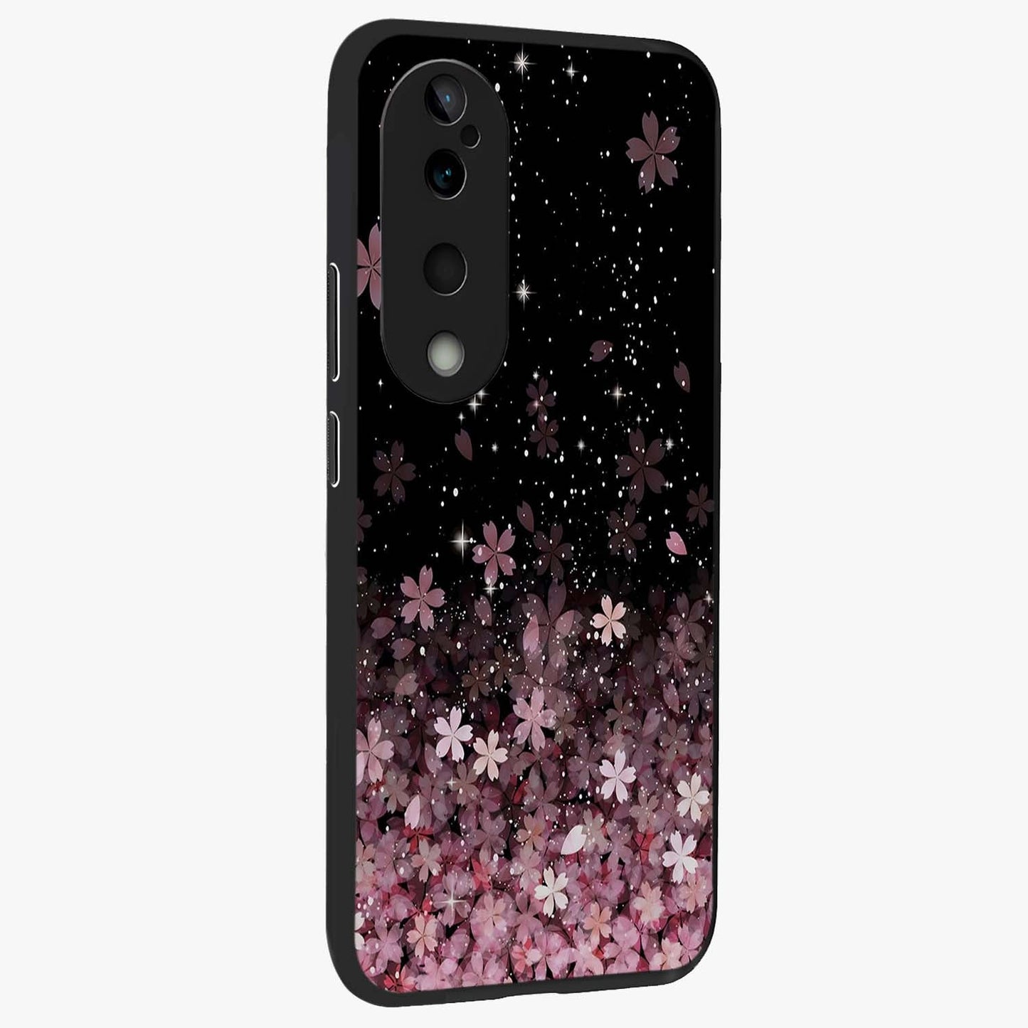 Small Starry Flowers Glass Case upright view showcasing charming floral artwork with dreamy starry theme.