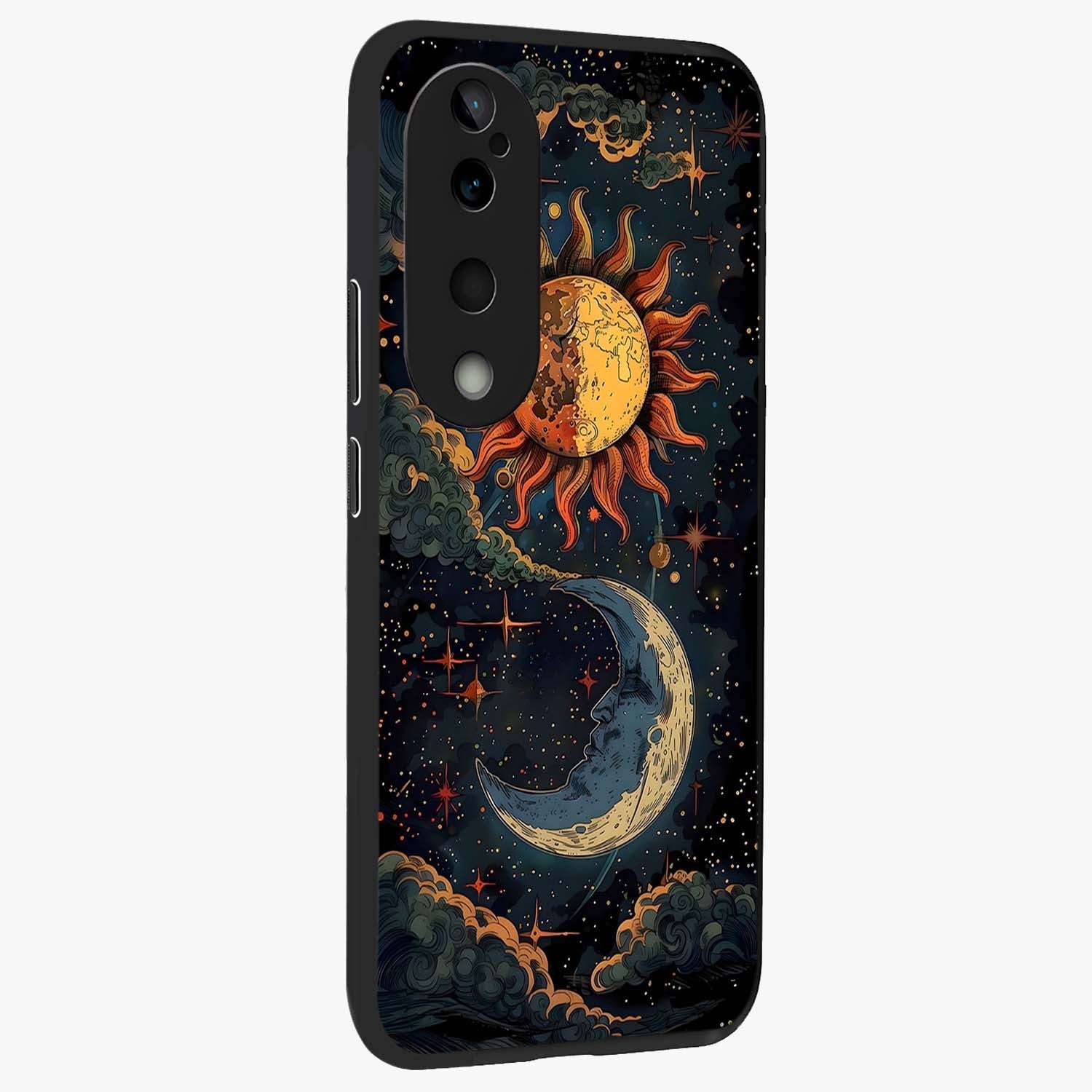 Sun And Moon Magic Design Glass Case upright view showcasing decorative sun and moon artwork with spiritual celestial theme.