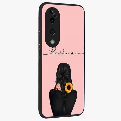 Sunflower Braid Beauty With Custom Name Glass Case upright view showcasing bright sunflower artwork with personalized floral aesthetic.