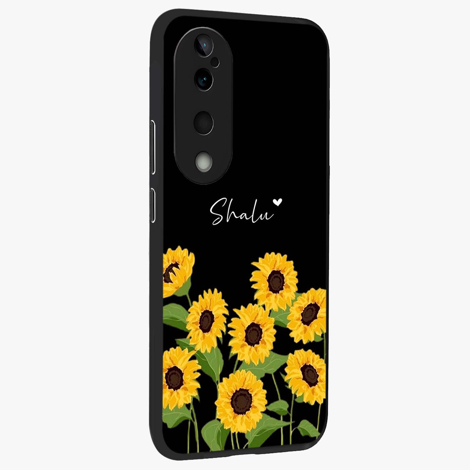 Sunflower Chic Mood Custom Name Glass Case upright view showcasing cheerful sunflower artwork with trendy floral theme.