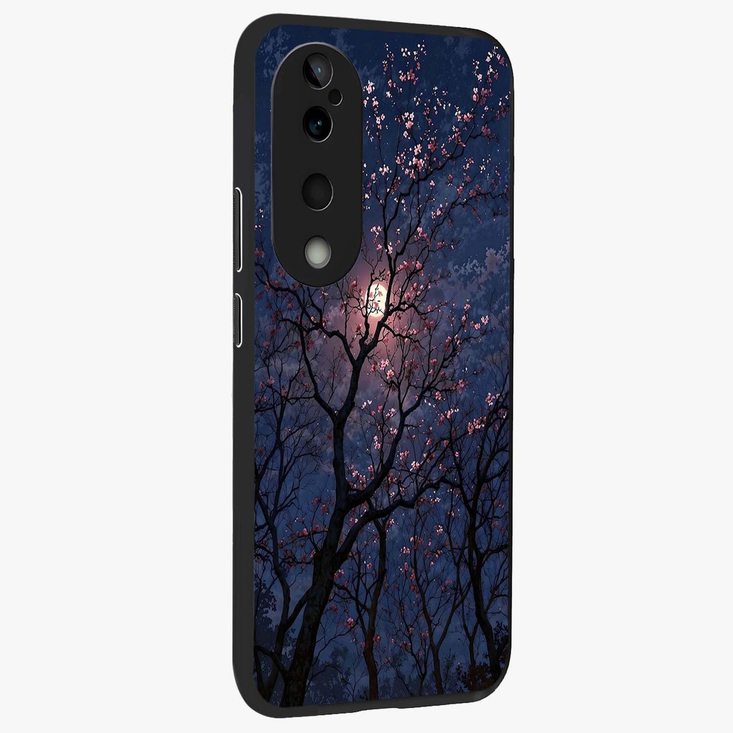 Twilight Sakura Serenade Glass Case upright view showcasing beautiful cherry blossom artwork with serene evening theme.
