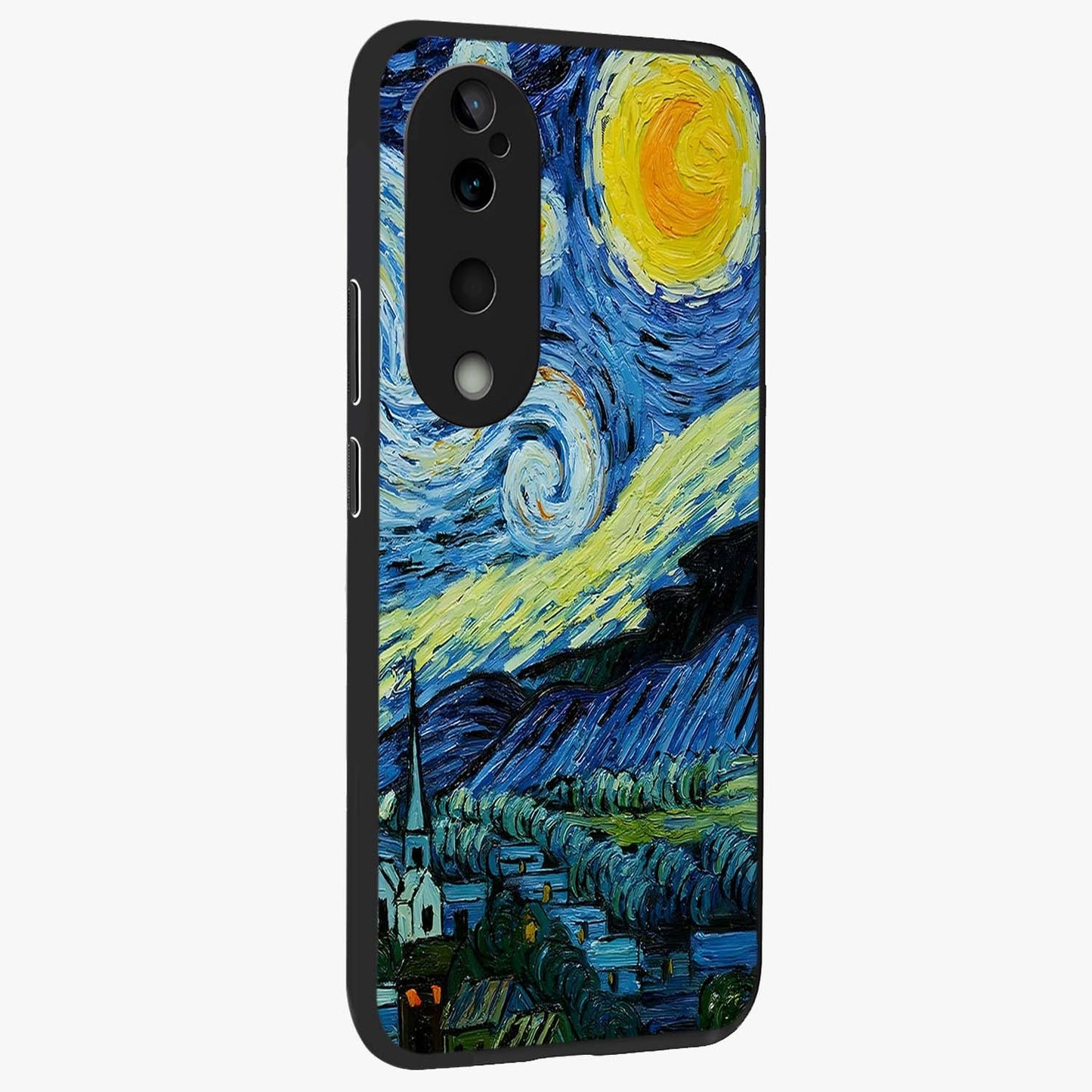 Van Gogh Art Glass Case upright view showcasing expressive painting style artwork with timeless artistic theme.