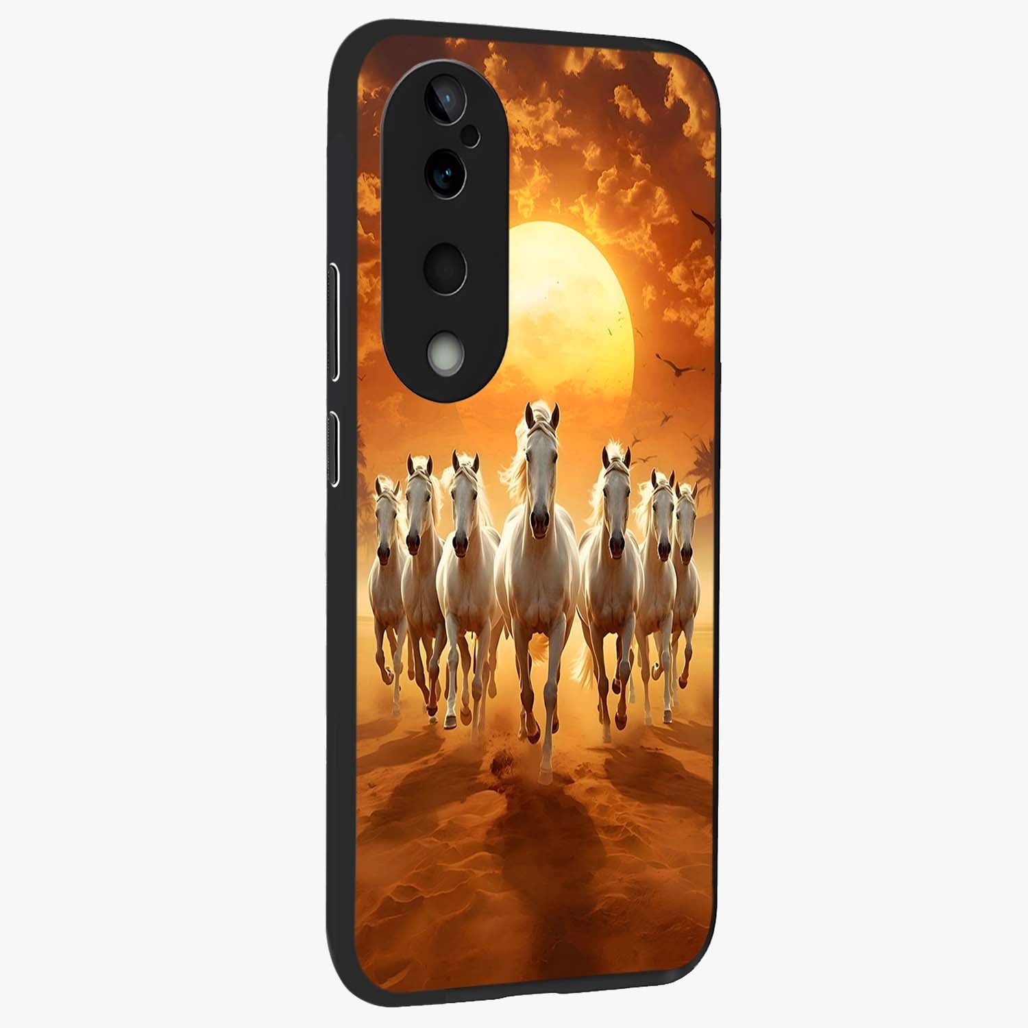 Wild Sunset Majesty Glass Case upright view showcasing dramatic sunset artwork with bold nature theme.
