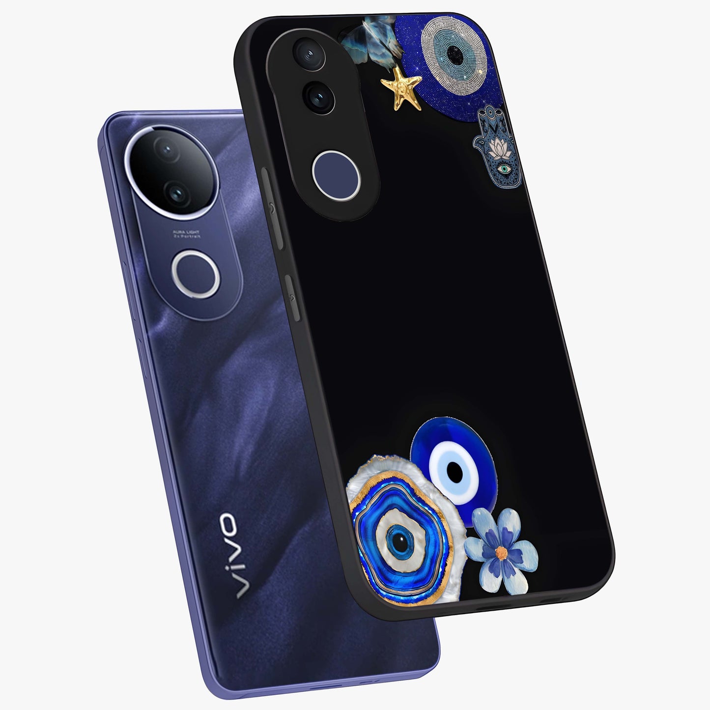 Aesthetic Blue Evil Eye Glass Case displayed in angled mockup highlighting blue evil eye symbol and spiritual aesthetic design.