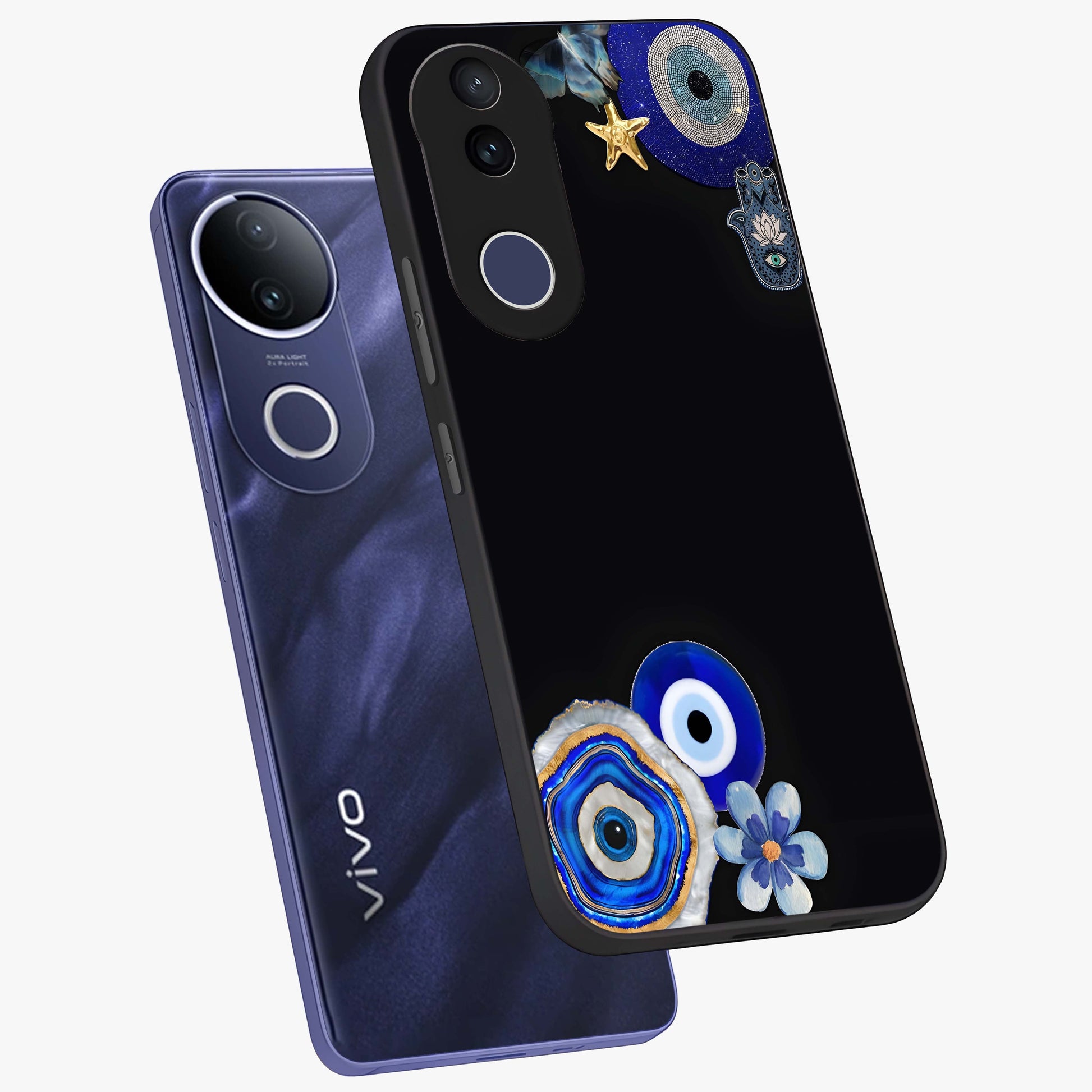 Aesthetic Blue Evil Eye Glass Case displayed in angled mockup highlighting blue evil eye symbol and spiritual aesthetic design.