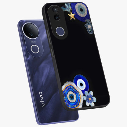 Aesthetic Blue Evil Eye Glass Case displayed in angled mockup highlighting blue evil eye symbol and spiritual aesthetic design.