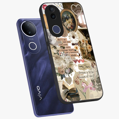 Aesthetic Brown Vintage Collage Glass Case displayed in angled mockup highlighting vintage aesthetic collage design.