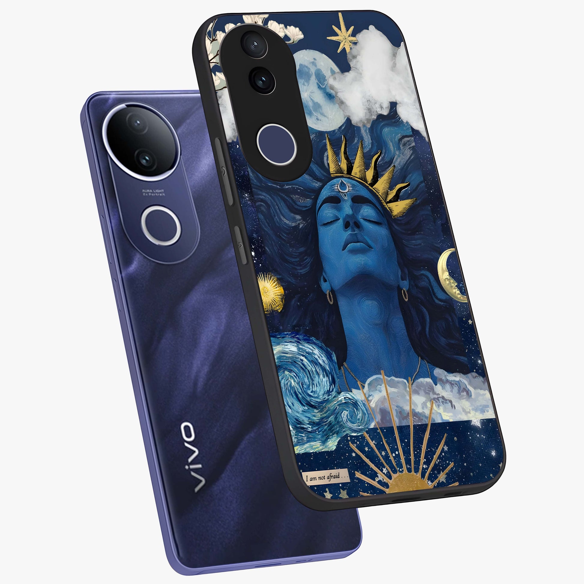Aesthetic Lord Shiva Glass Case displayed in angled mockup highlighting spiritual Shiva illustration and sacred aesthetic design.