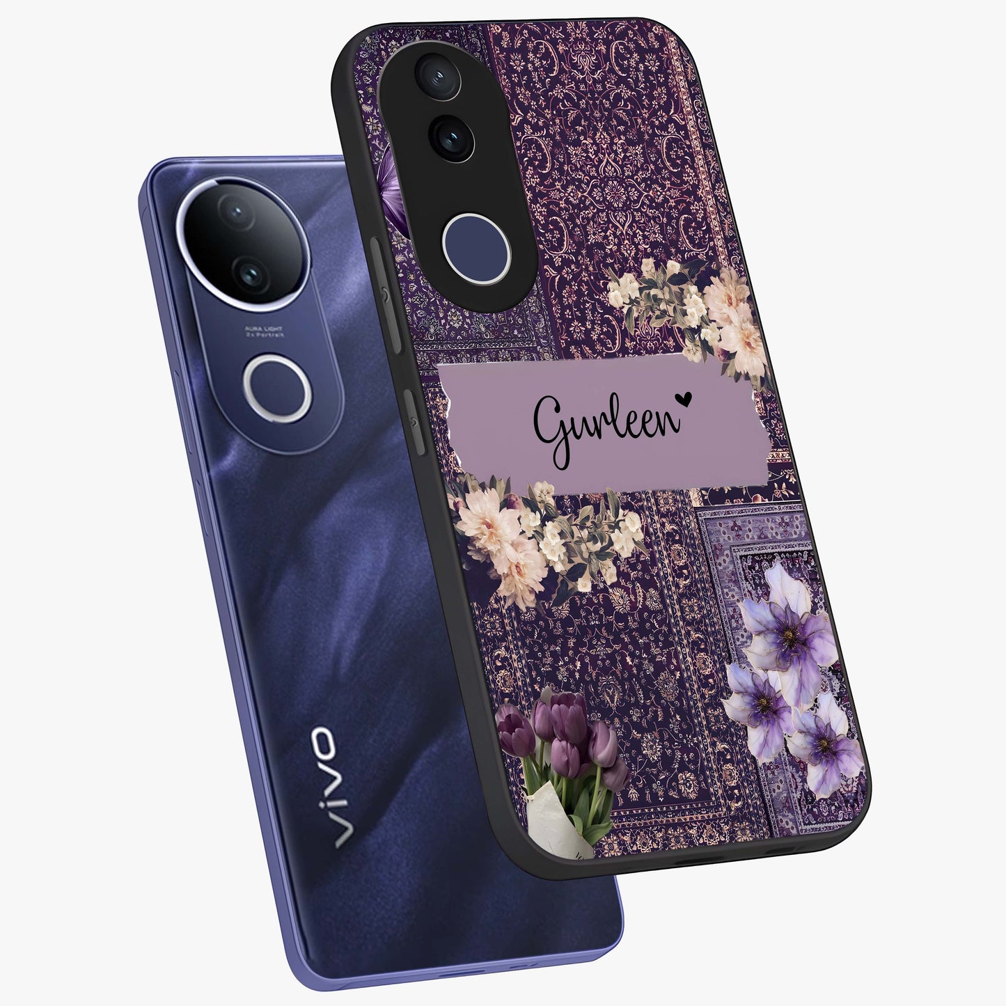 Antique Floral Whisper Custom Name Glass Case displayed in angled mockup highlighting elegant antique floral aesthetic.