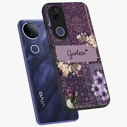 Antique Floral Whisper Custom Name Glass Case displayed in angled mockup highlighting elegant antique floral aesthetic.