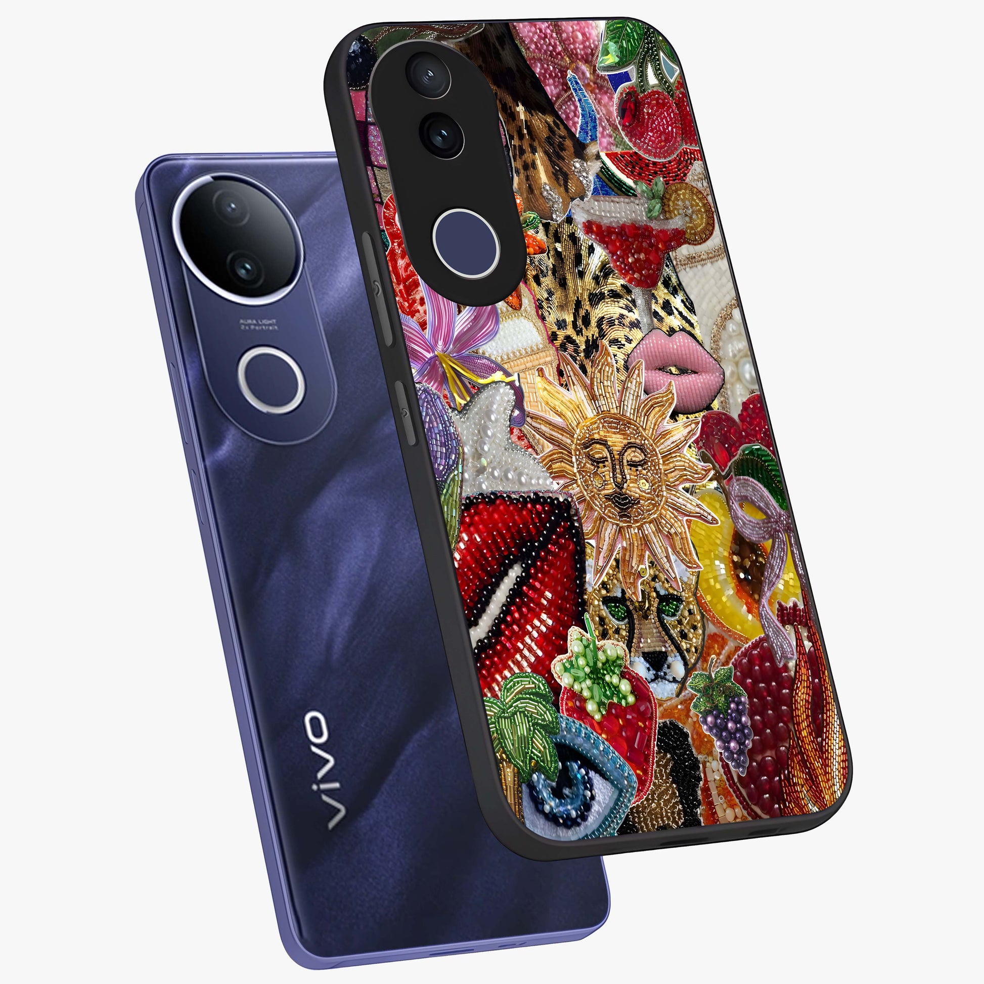 Beaded Fashion Jungle Glass Case displayed in angled mockup highlighting colorful fashion bead design and artistic pattern.