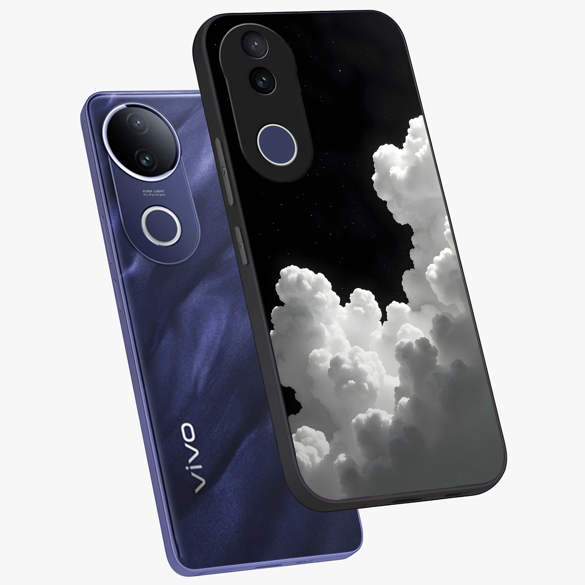 Black Background With White Cloud Glass Case displayed in angled mockup highlighting soft white cloud illustration and minimal design.