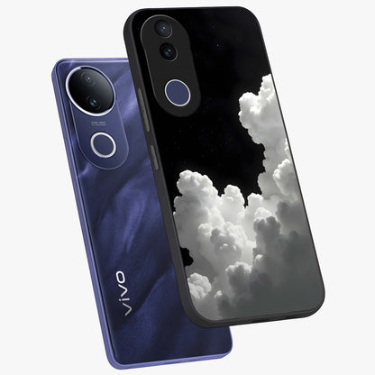 Black Background With White Cloud Glass Case displayed in angled mockup highlighting soft white cloud illustration and minimal design.