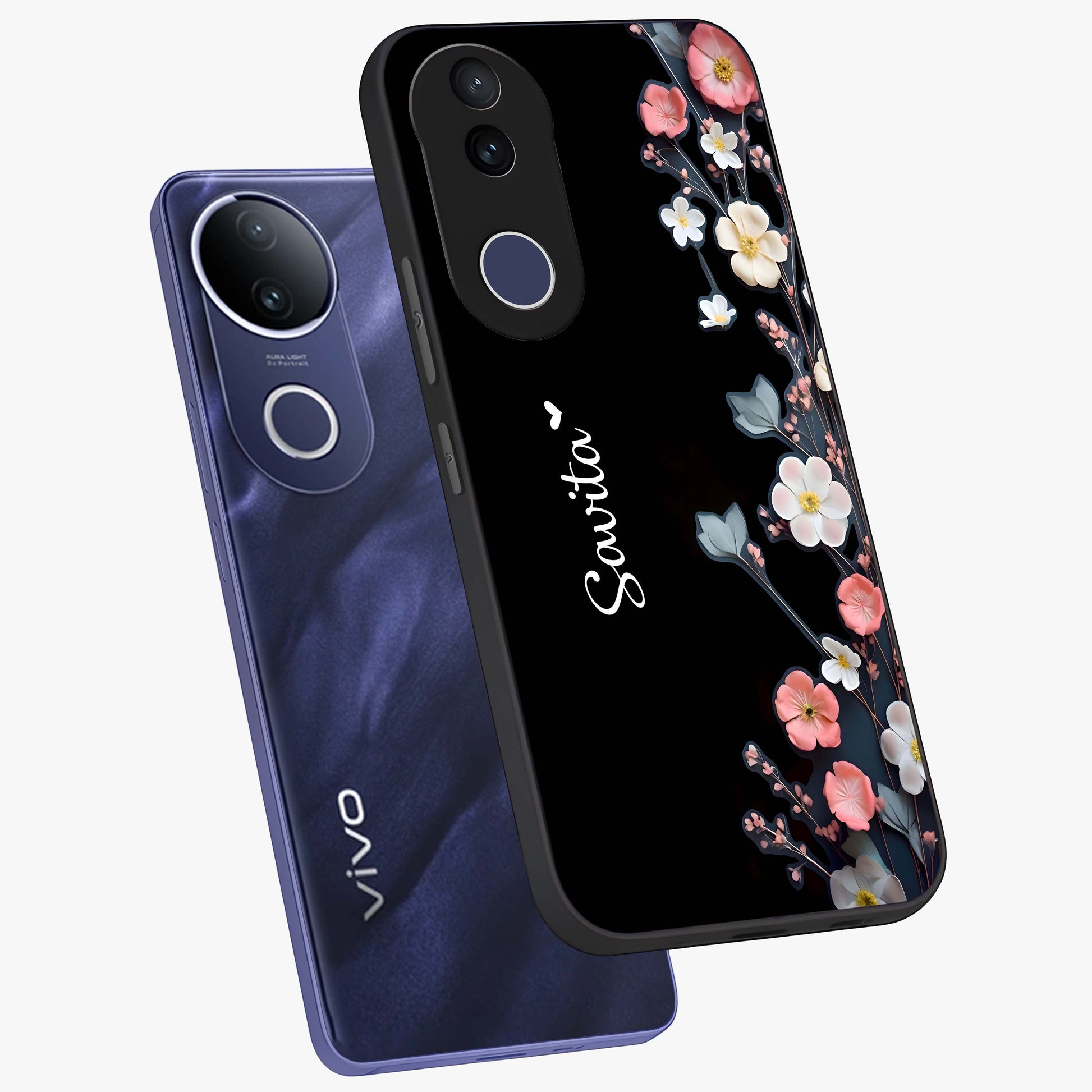 Black Elegance Floral Custom Name Glass Case displayed in angled mockup highlighting dark floral aesthetic and custom name feature.