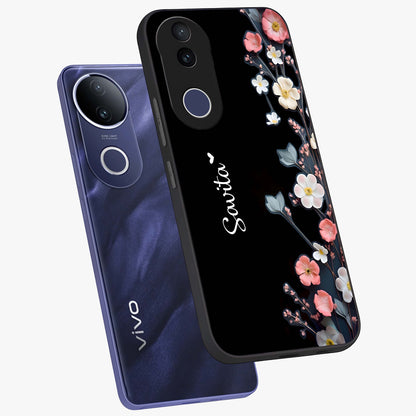 Black Elegance Floral Custom Name Glass Case displayed in angled mockup highlighting dark floral aesthetic and custom name feature.