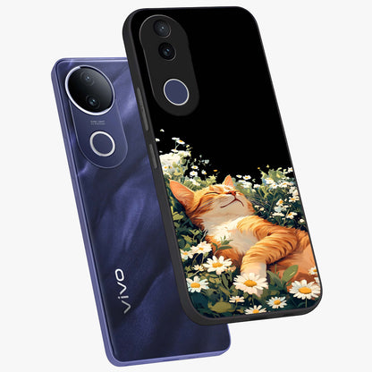 Blissful Bloom Cat Glass Case displayed in angled mockup highlighting playful feline illustration with soft floral aesthetic.