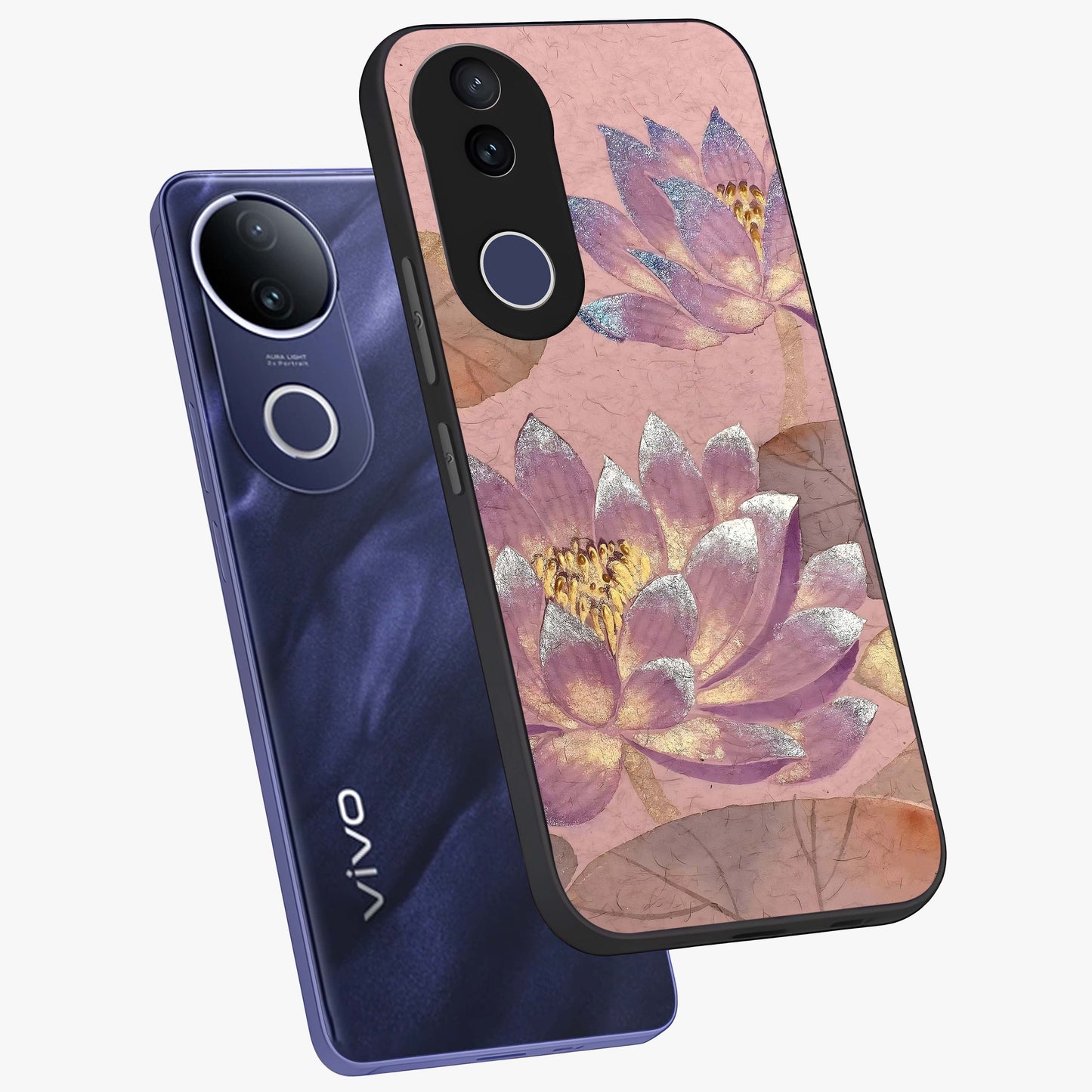 Blossom Mist Lotus Glass Case displayed in angled mockup highlighting delicate lotus illustration with calm aesthetic theme.