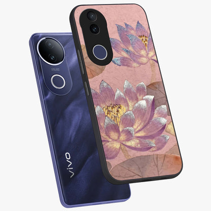 Blossom Mist Lotus Glass Case displayed in angled mockup highlighting delicate lotus illustration with calm aesthetic theme.