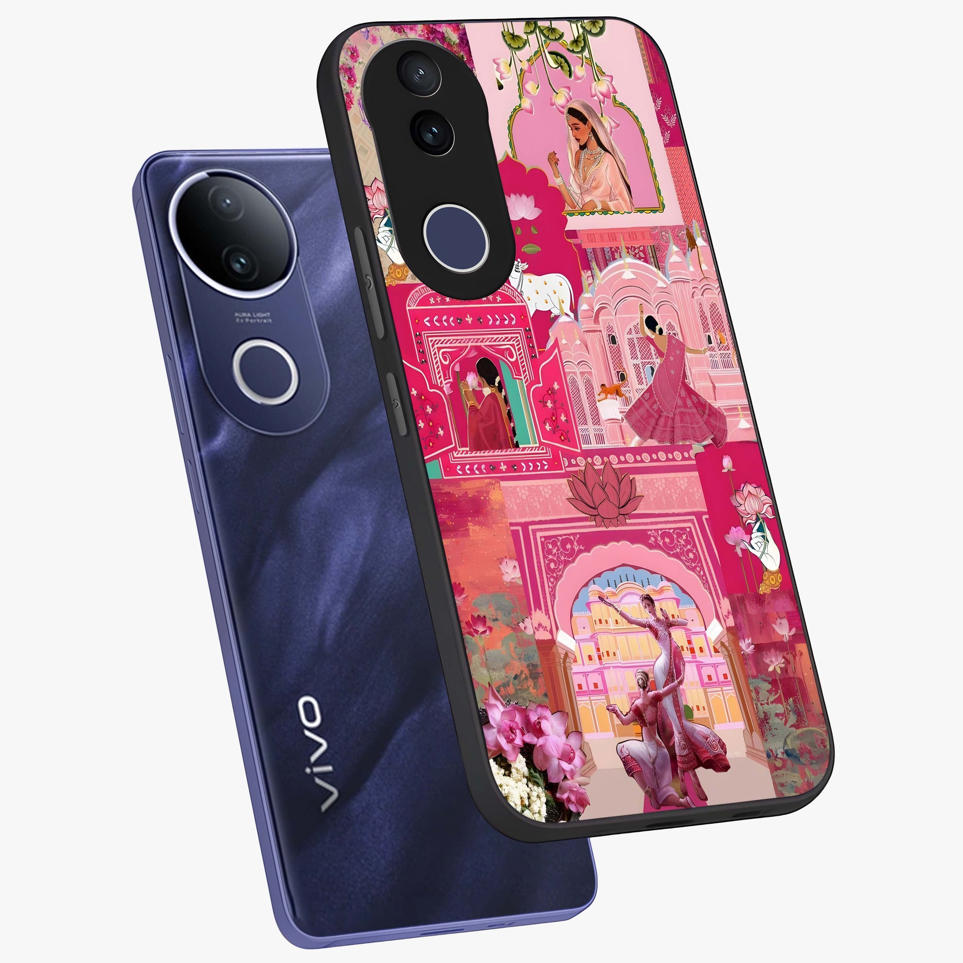 Blossoms of Rajasthan Glass Case displayed in angled mockup highlighting vibrant floral pattern with cultural aesthetic style.