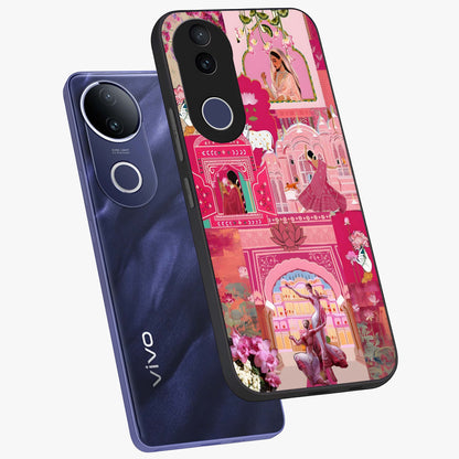 Blossoms of Rajasthan Glass Case displayed in angled mockup highlighting vibrant floral pattern with cultural aesthetic style.