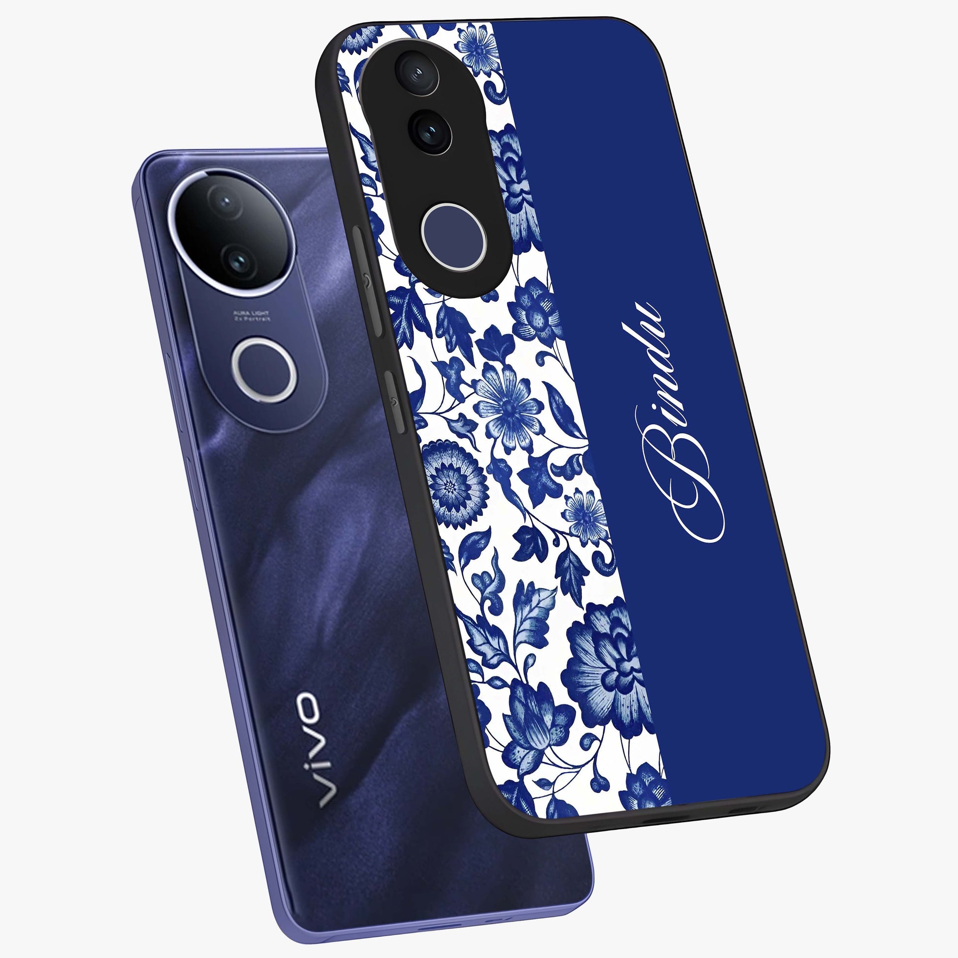 Blue Vintage Floral Pattern Glass Case displayed in angled mockup highlighting subtle bloom pattern with aesthetic pastel design.