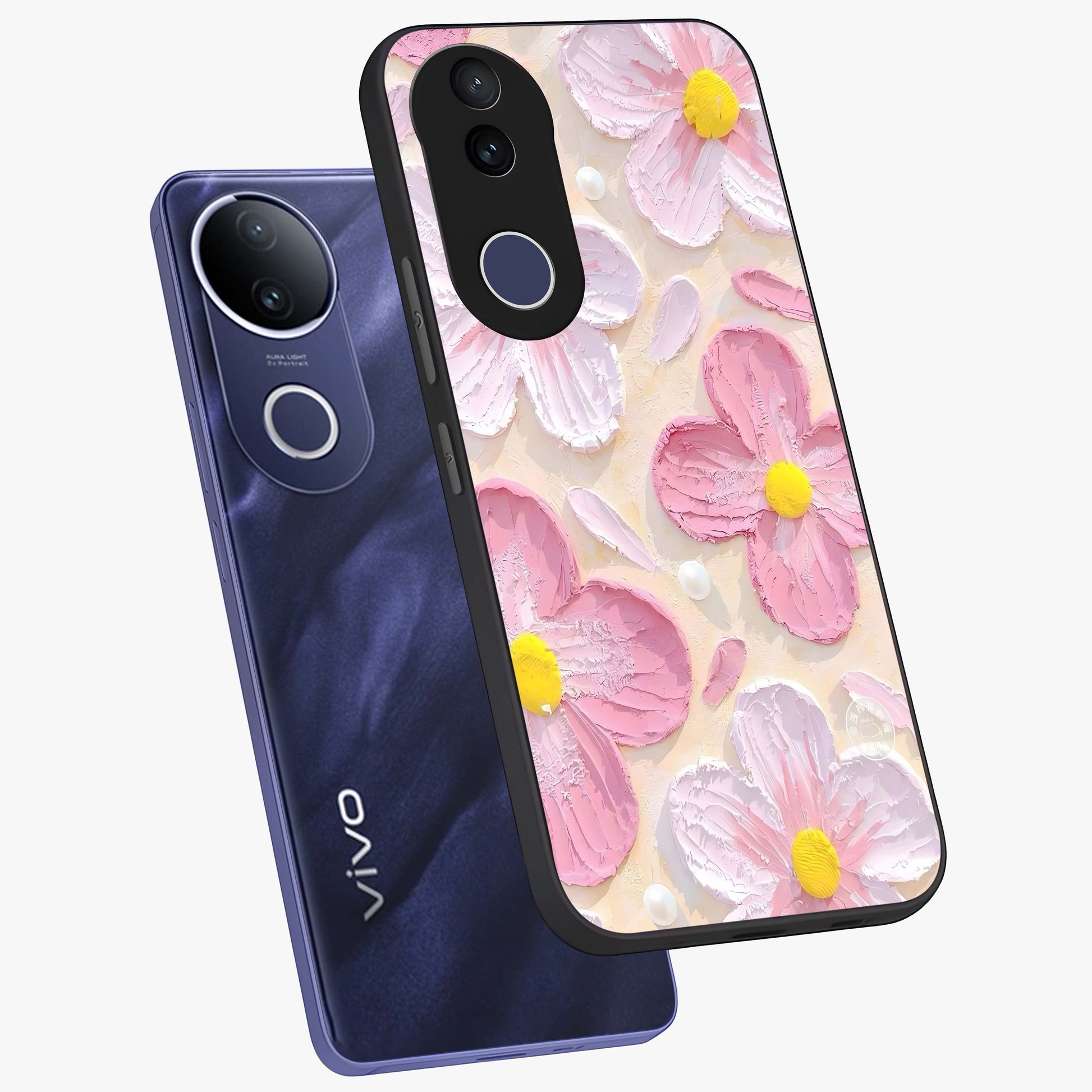 Blush Bloom Texture Glass Case displayed in angled mockup highlighting subtle bloom pattern with aesthetic pastel design.