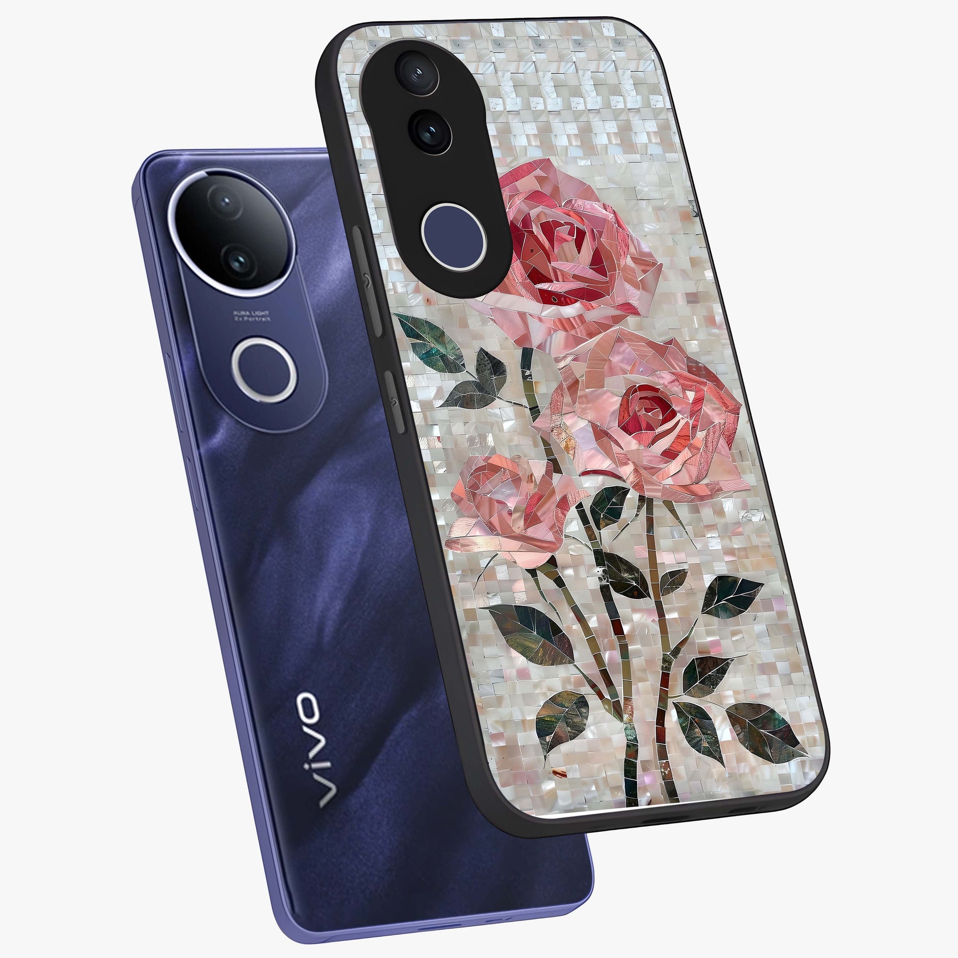 Blush Mosaic Bloom Glass Case displayed in angled mockup highlighting artistic mosaic flower pattern with aesthetic design.