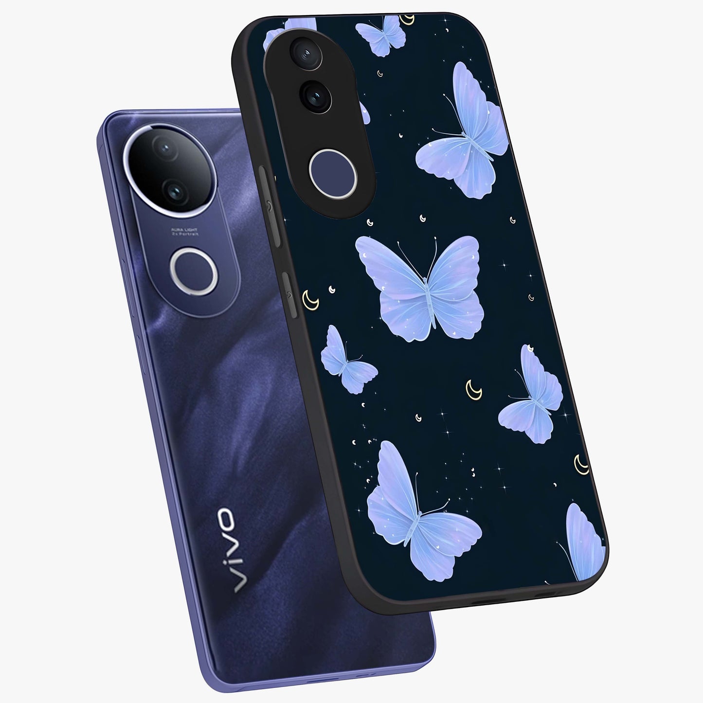 Butterfly With Stars Pattern Glass Case displayed in angled mockup highlighting dreamy butterfly and star design with aesthetic theme.