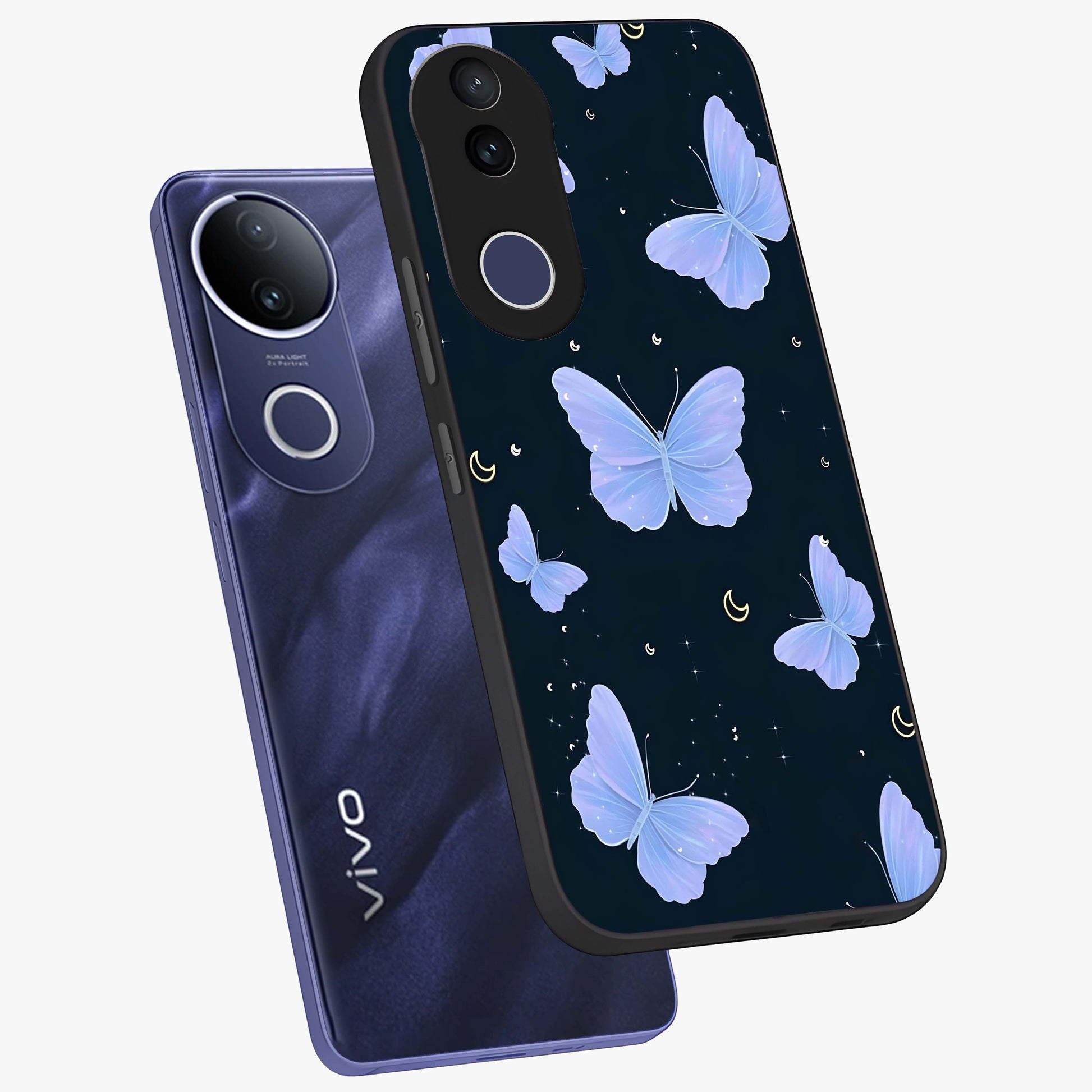 Butterfly With Stars Pattern Glass Case displayed in angled mockup highlighting dreamy butterfly and star design with aesthetic theme.