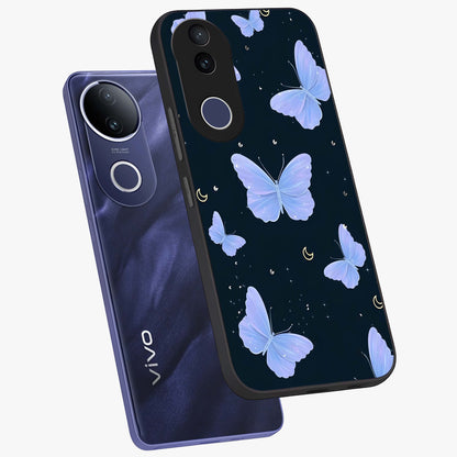 Butterfly With Stars Pattern Glass Case displayed in angled mockup highlighting dreamy butterfly and star design with aesthetic theme.
