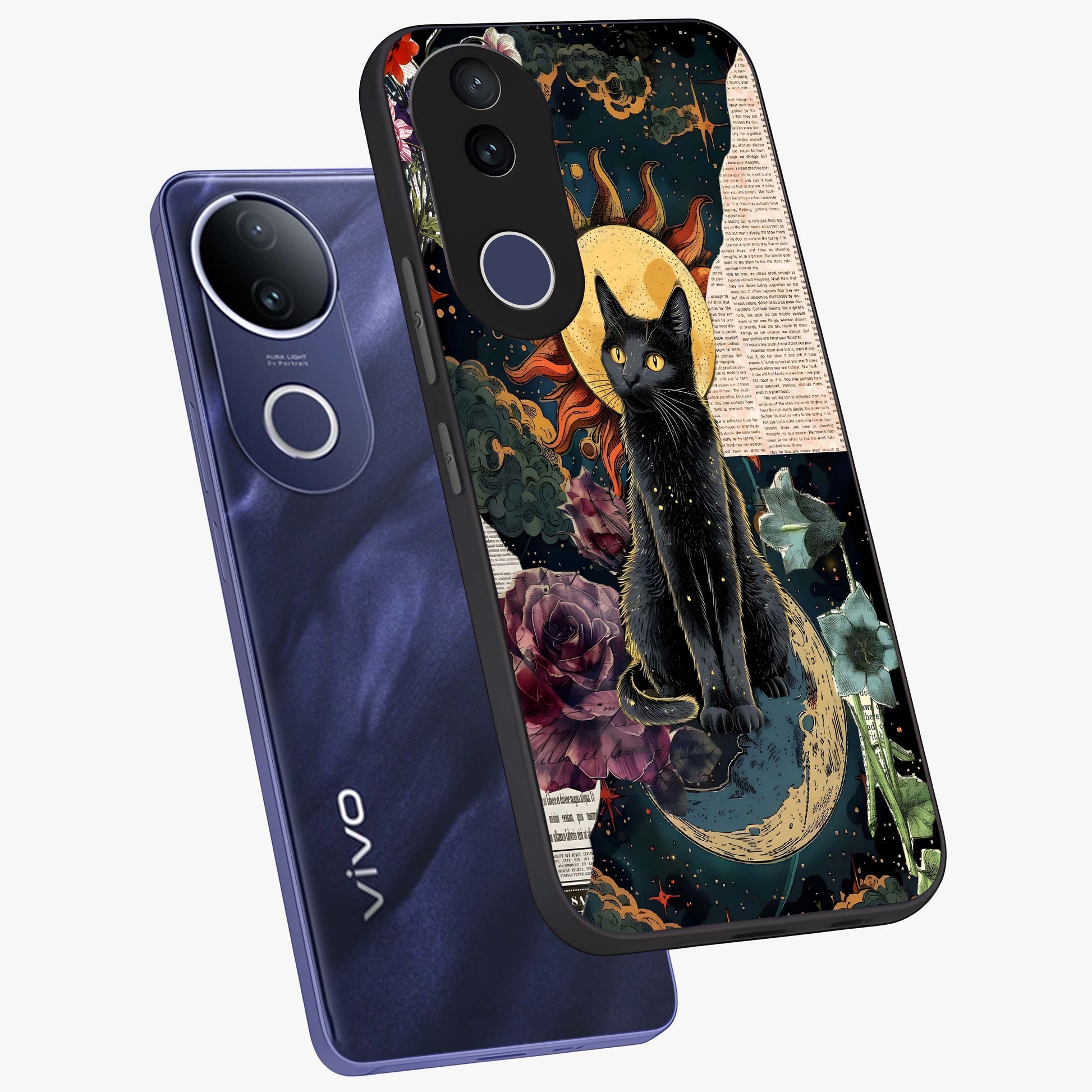 Celestial Black Cat Glass Case displayed in angled mockup highlighting cosmic black cat design with celestial aesthetic.