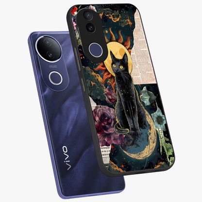 Celestial Black Cat Glass Case displayed in angled mockup highlighting cosmic black cat design with celestial aesthetic.