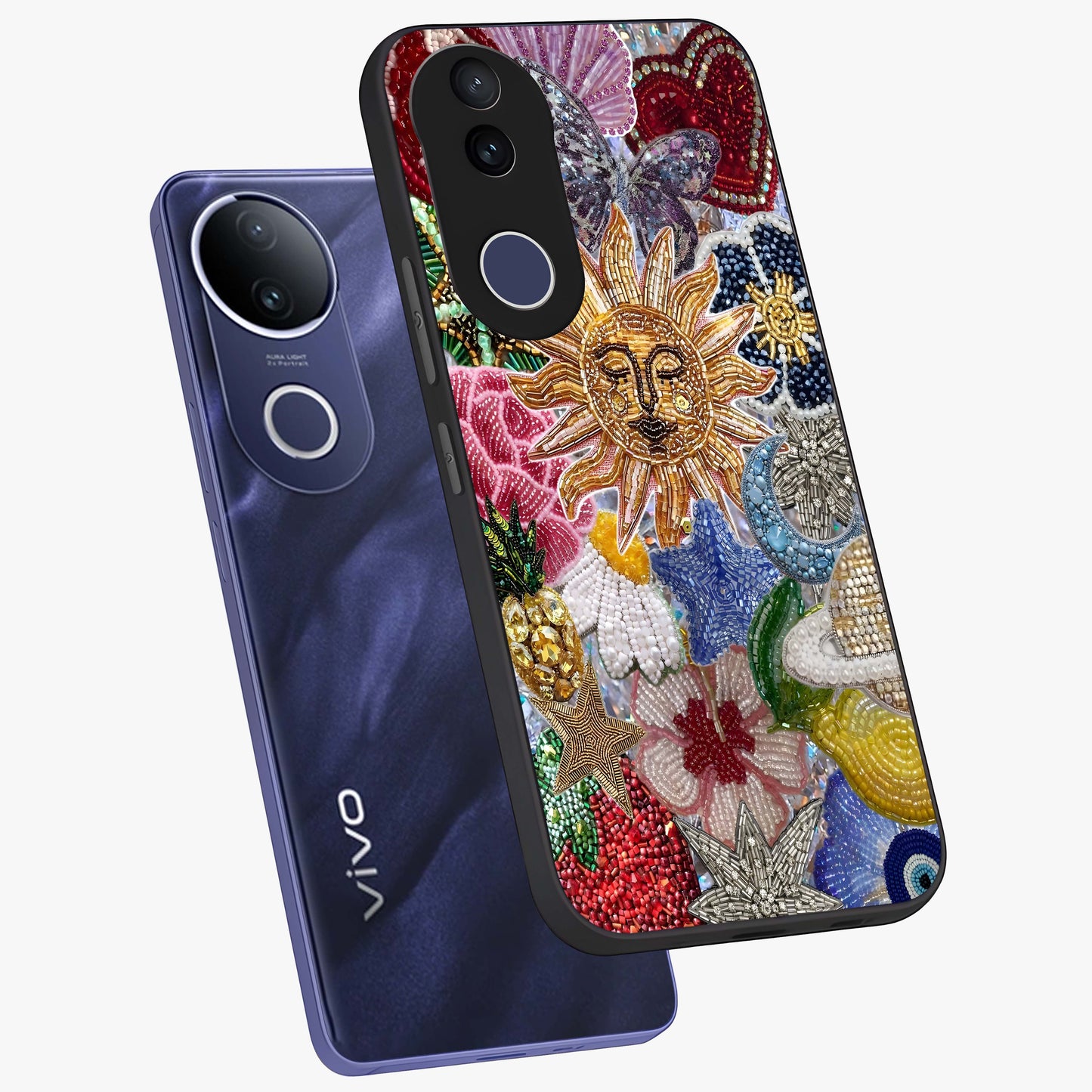 Celestial Floral and Playful Glass Case displayed in angled mockup highlighting playful floral design with dreamy celestial elements.