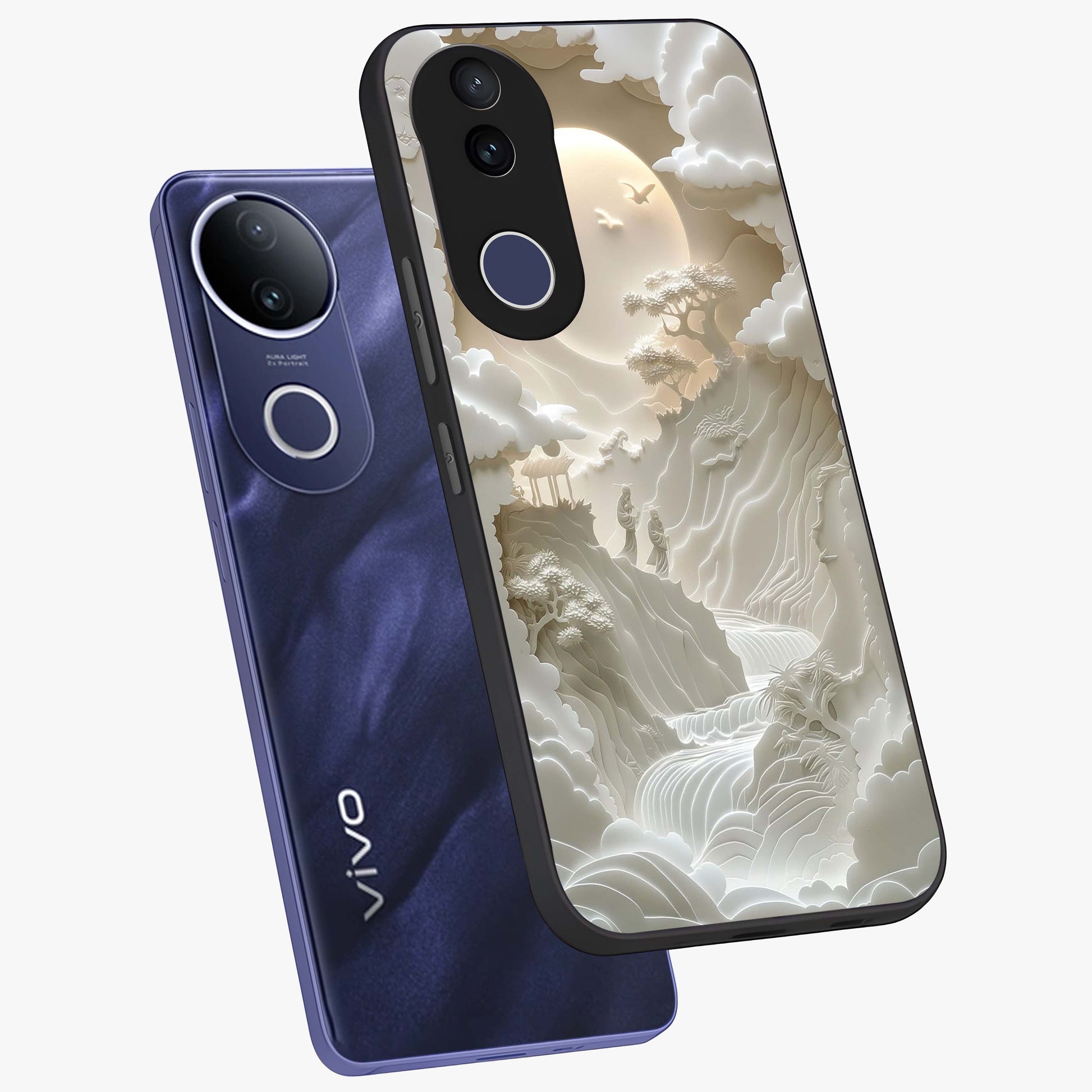 Celestial Origami Glass Case displayed in angled mockup highlighting geometric origami design with cosmic aesthetic theme.
